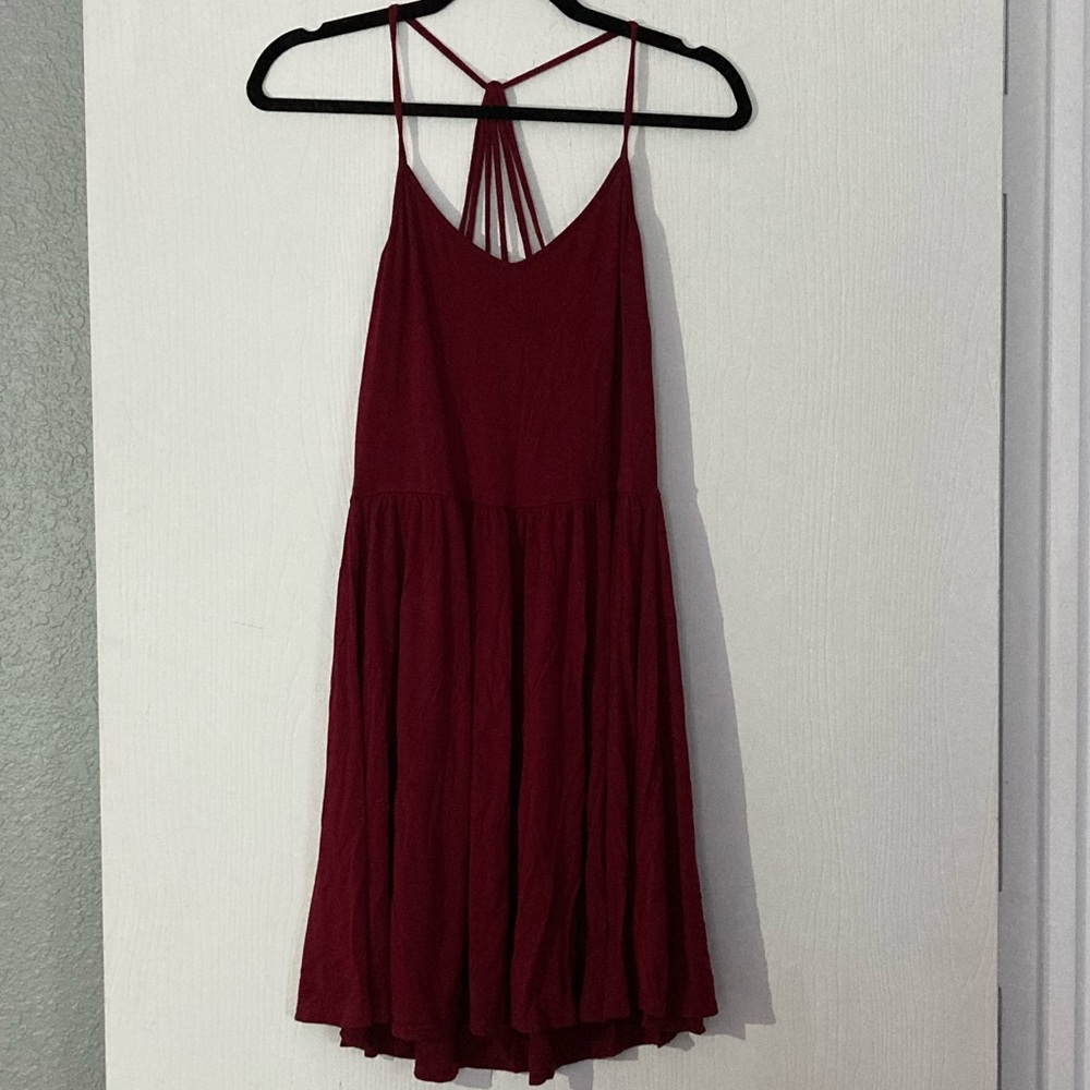 AEO Strappy Fit Flare Dress in Burgundy